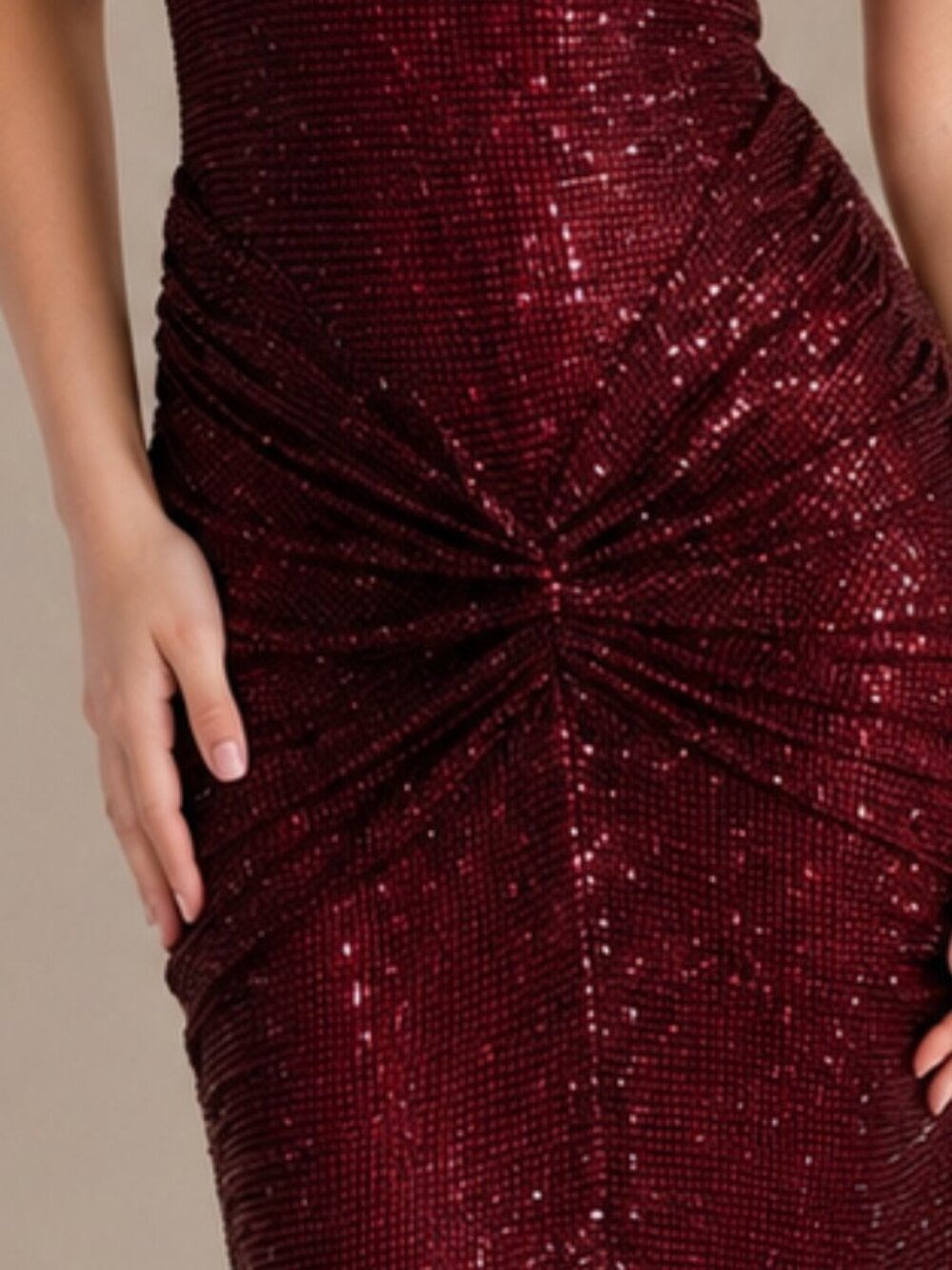 MESHKI Elegant Wine-Red Ruched Backless Evening Dress All Sizes Available - Picture 4 of 7